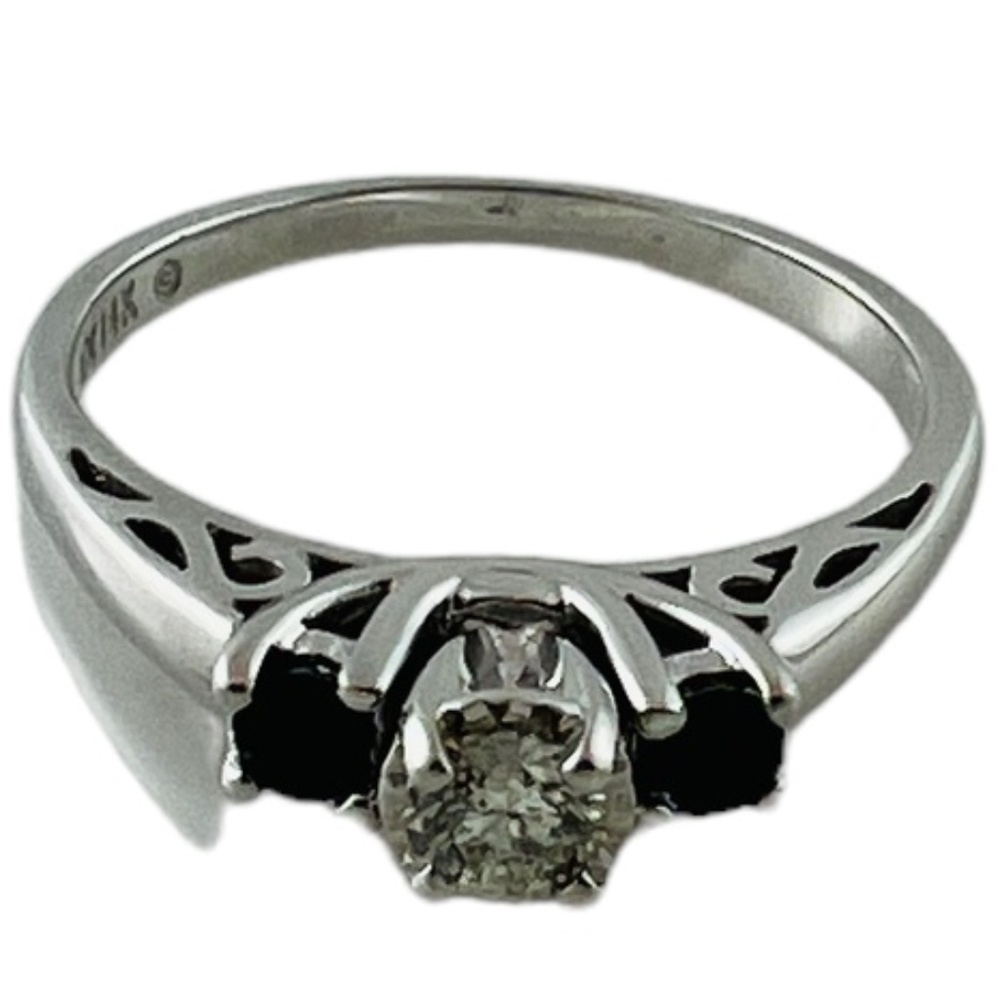 14K White Gold 3 Stone Natural Diamond Lab Created Sapphires Ring #15619